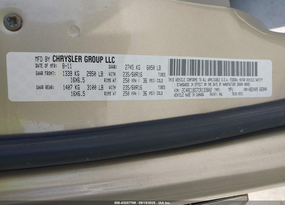 2012 CHRYSLER TOWN & COUNTRY TOURING VIN: 2C4RC1BG7CR133802