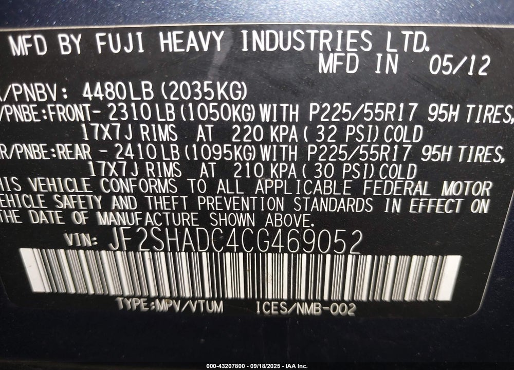 2012 SUBARU FORESTER VIN: JF2SHADC4CG469052