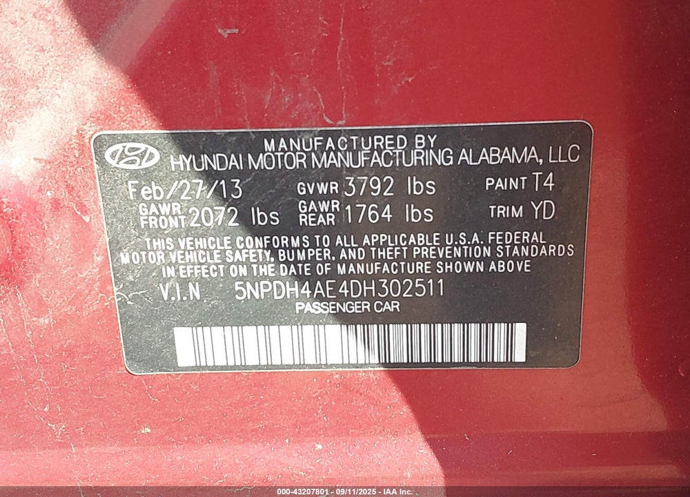 2013 HYUNDAI ELANTRA GLS VIN: 5NPDH4AE4DH302511