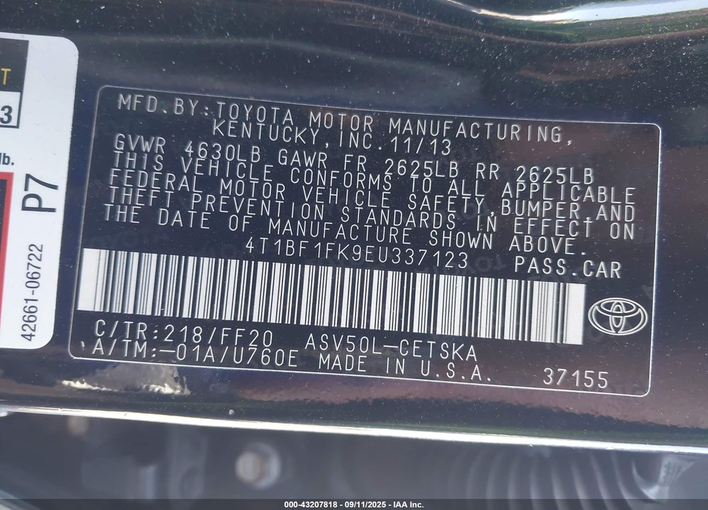 2014 TOYOTA CAMRY VIN: 4T1BF1FK9EU337123