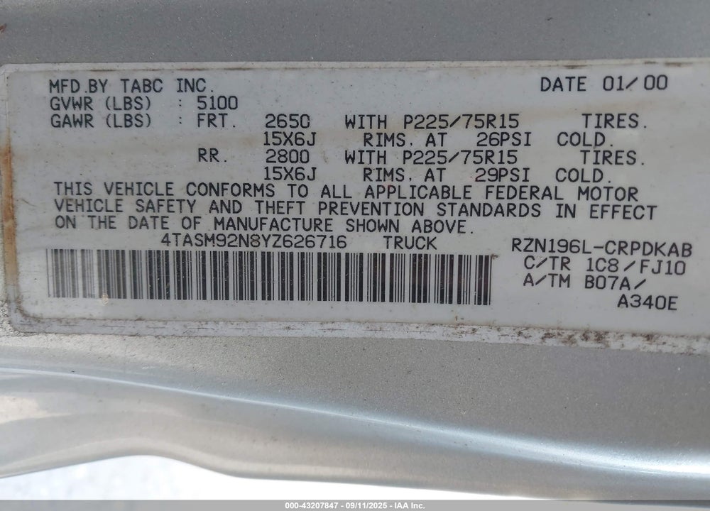 2000 TOYOTA TACOMA PRERUNNER VIN: 4TASM92N8YZ626716