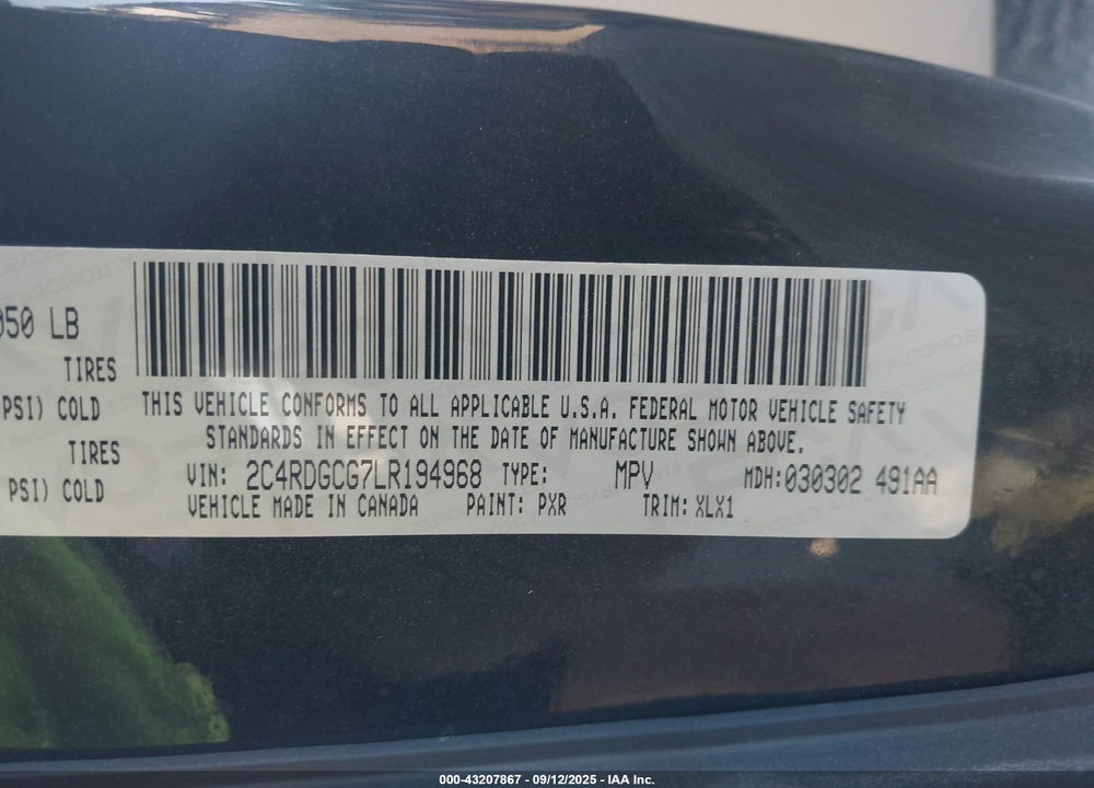 2020 DODGE GRAND CARAVAN SXT VIN: 2C4RDGCG7LR194968