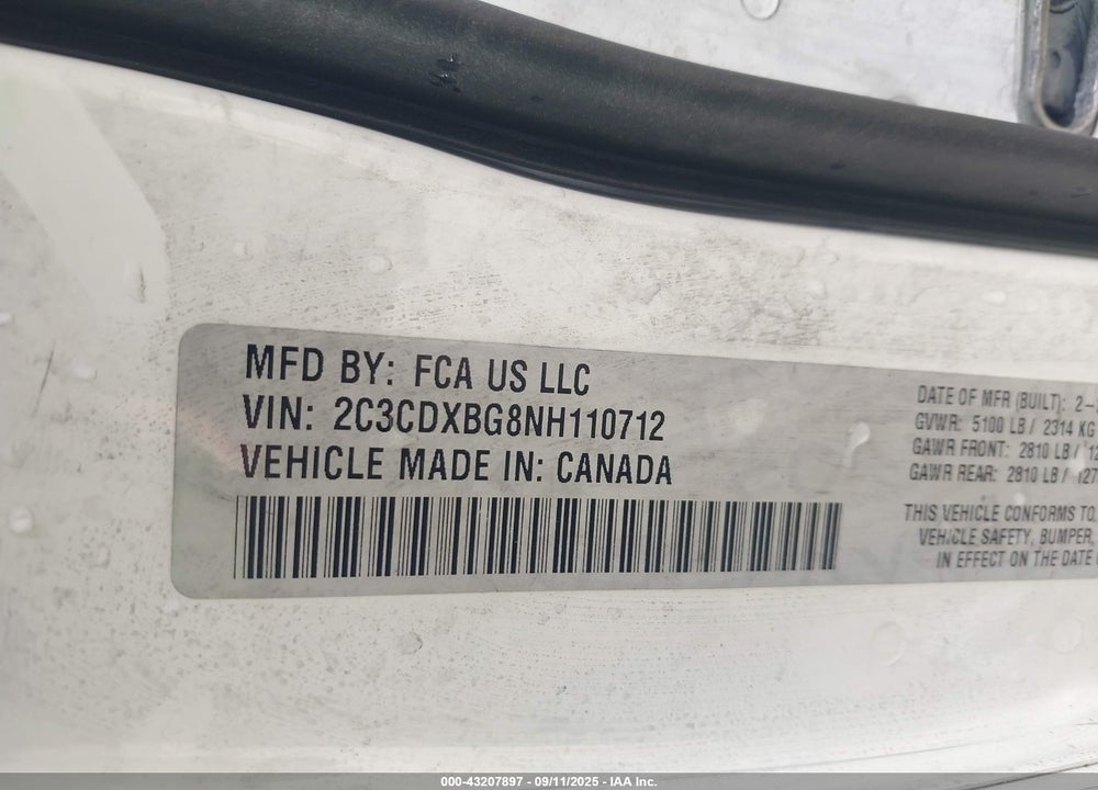2022 DODGE CHARGER VIN: 2C3CDXBG8NH110712