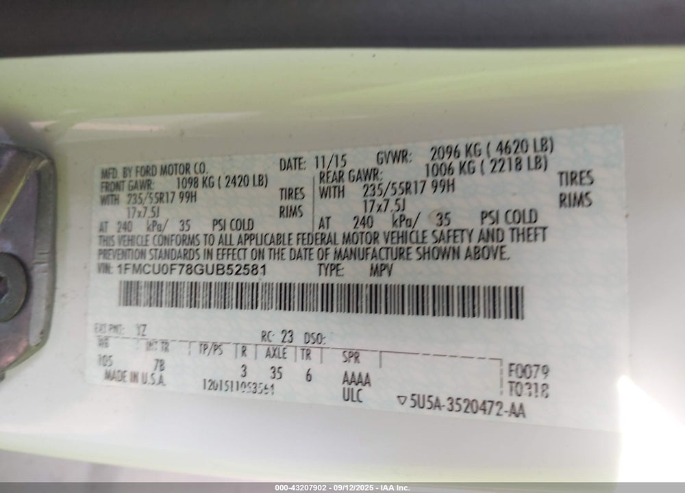 2016 FORD ESCAPE VIN: 1FMCU0F78GUB52581
