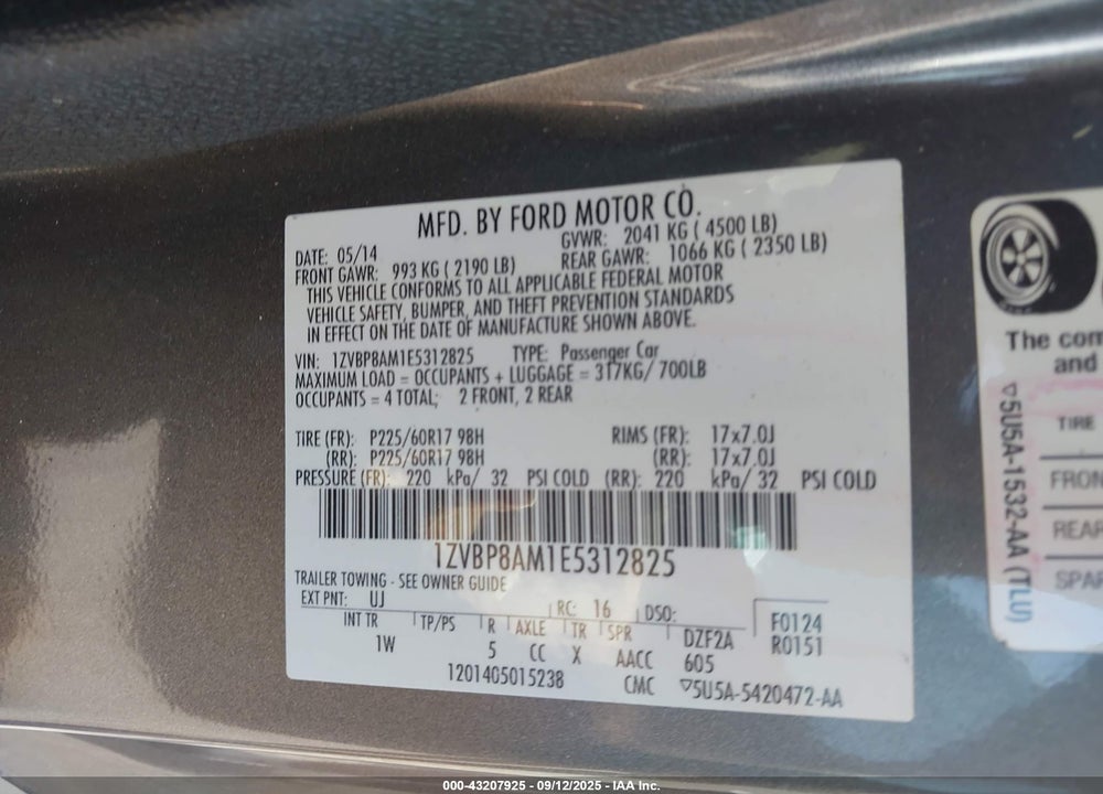2014 FORD MUSTANG VIN: 1ZVBP8AM1E5312825