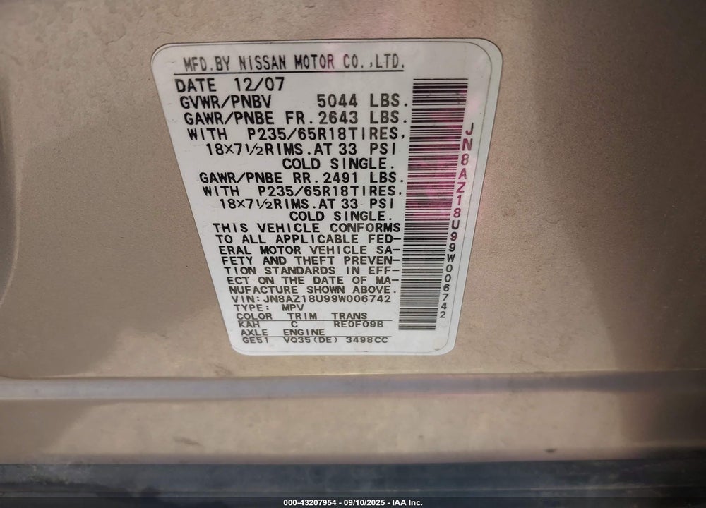 2009 NISSAN MURANO S VIN: JN8AZ18U99W006742