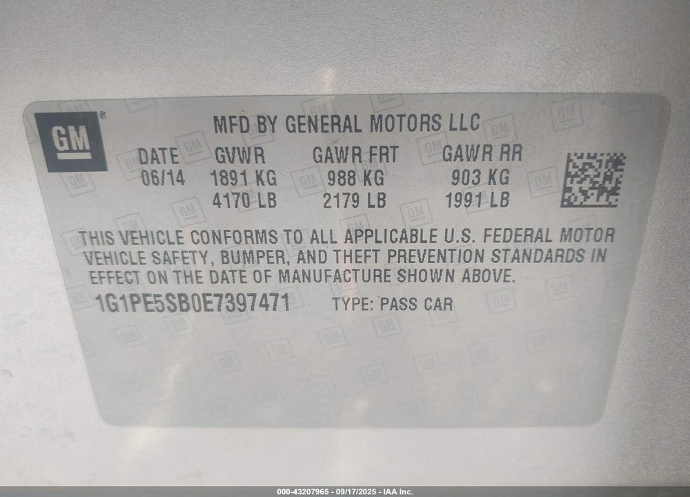 2014 CHEVROLET CRUZE 2LT AUTO VIN: 1G1PE5SB0E7397471