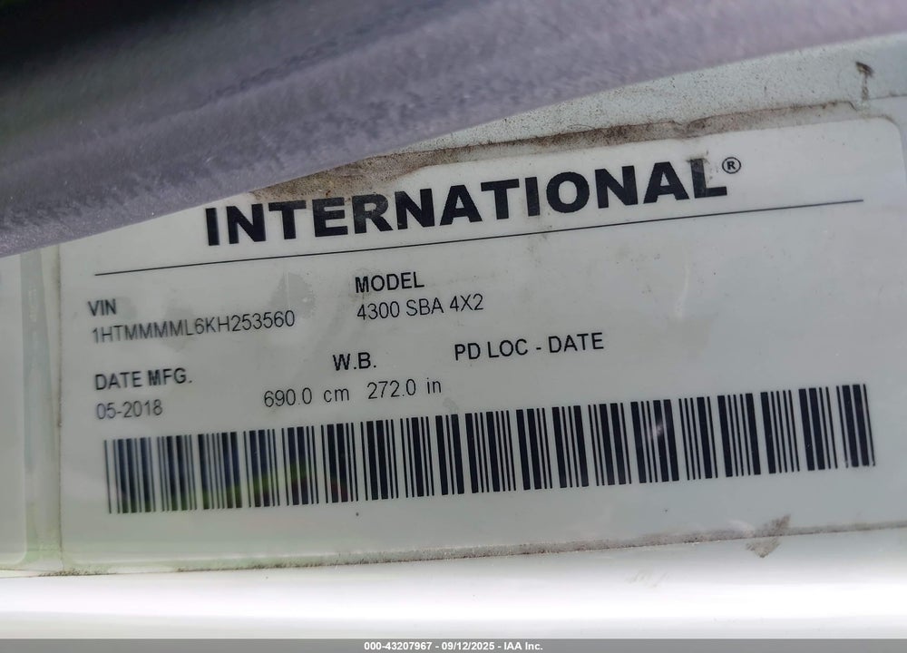 2019 INTERNATIONAL DURASTAR 4300 VIN: 1HTMMMML6KH253560
