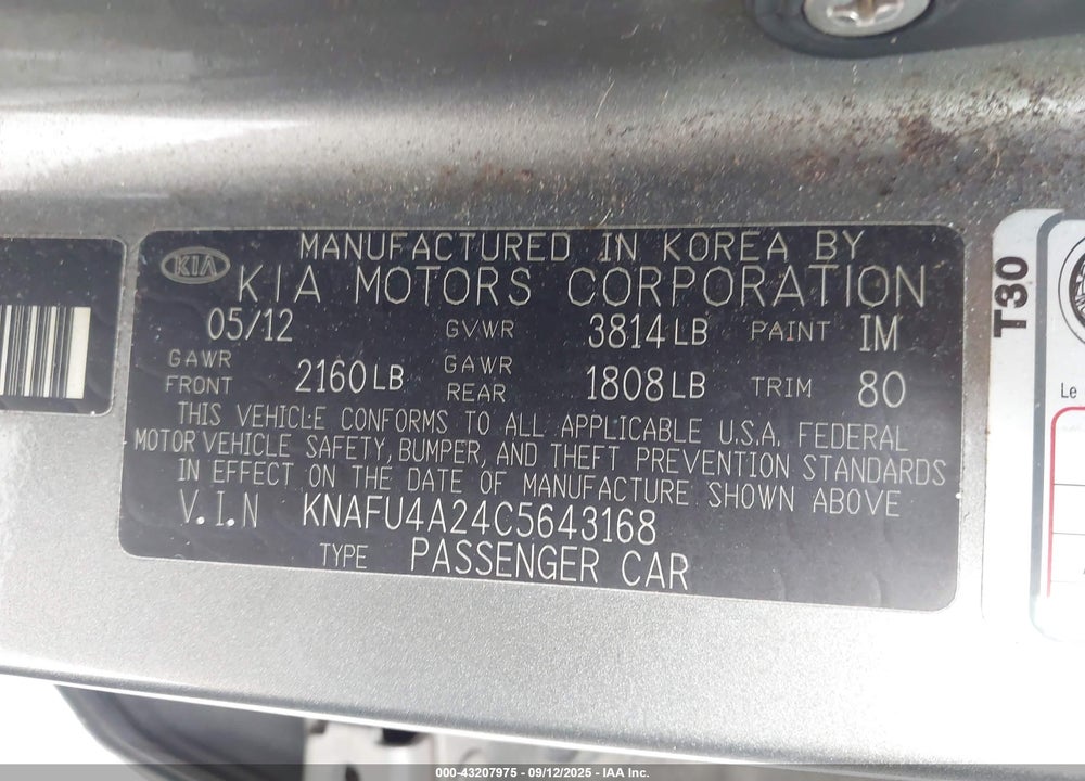 2012 KIA FORTE VIN: KNAFU4A24C5643168