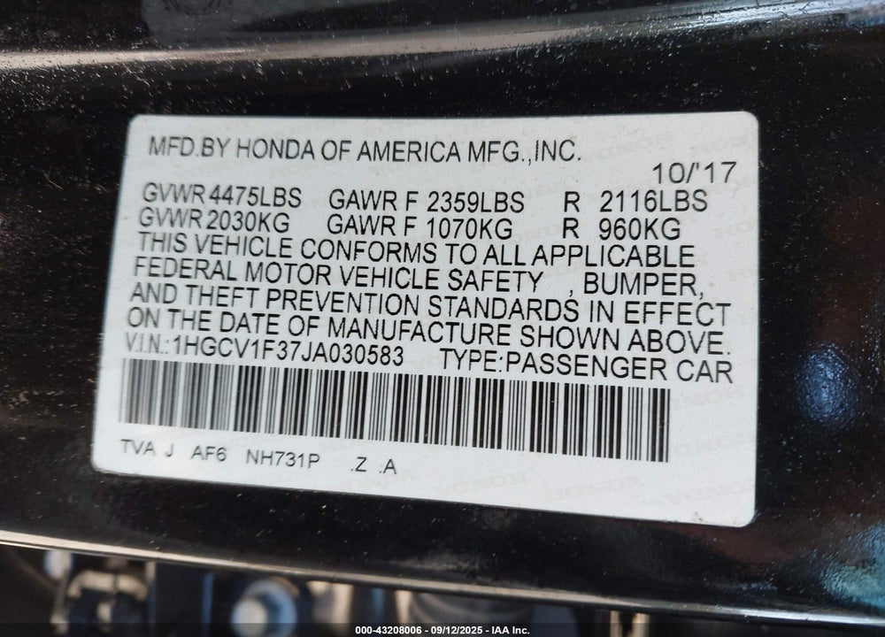2018 HONDA ACCORD VIN: 1HGCV1F37JA030583