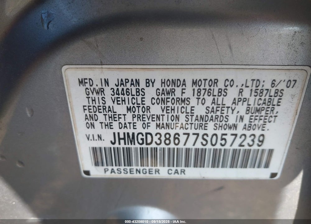 2007 HONDA FIT SPORT VIN: JHMGD38677S057239