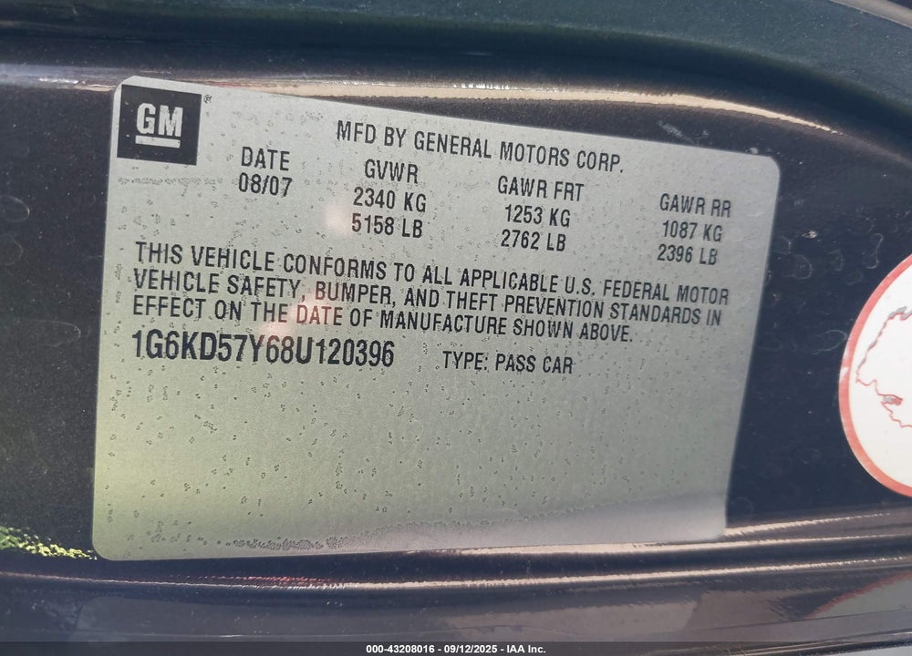 2008 CADILLAC DTS 1SA VIN: 1G6KD57Y68U120396
