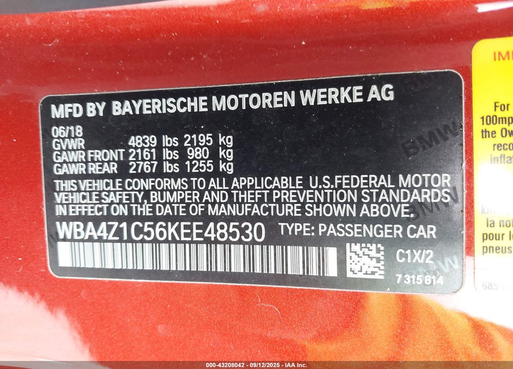 2019 BMW 4 SERIES VIN: WBA4Z1C56KEE48530