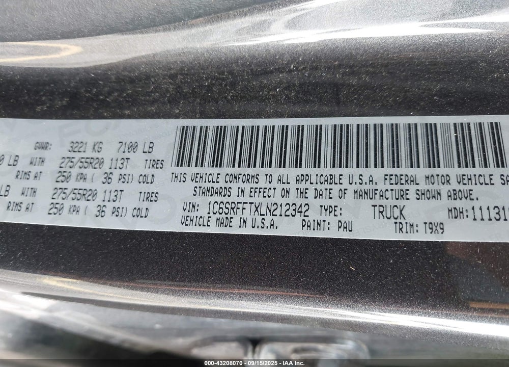 2020 RAM 1500 VIN: 1C6SRFFTXLN212342