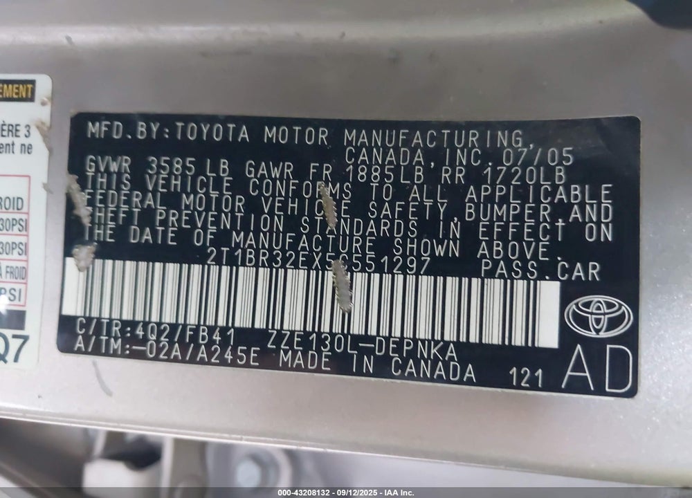 2005 TOYOTA COROLLA LE VIN: 2T1BR32EX5C551297