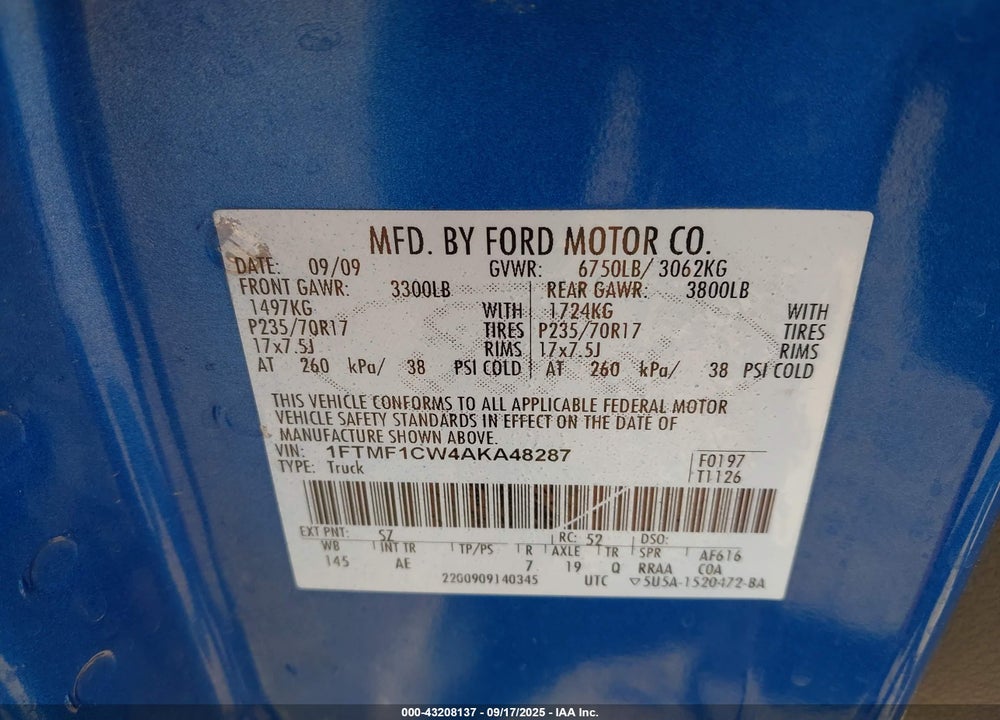 2010 FORD F-150 VIN: 1FTMF1CW4AKA48287