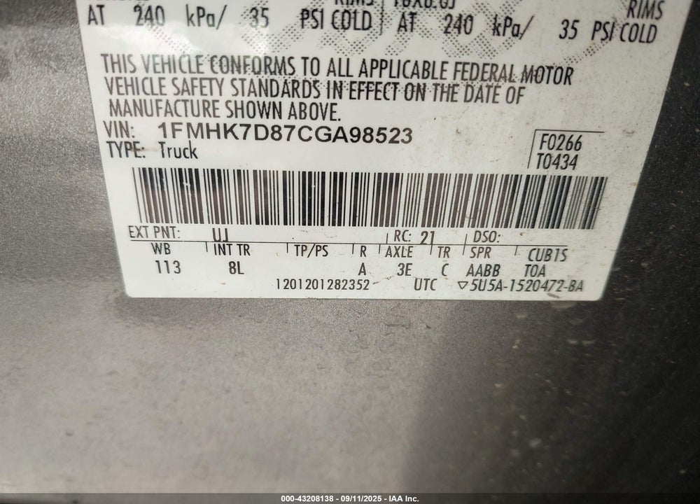 2012 FORD EXPLORER VIN: 1FMHK7D87CGA98523