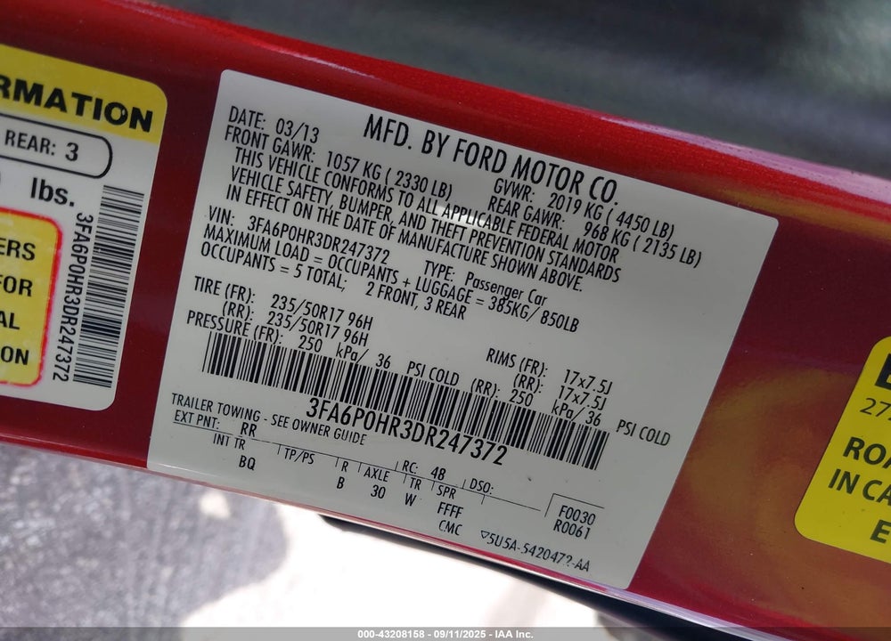 2013 FORD FUSION SE VIN: 3FA6P0HR3DR247372