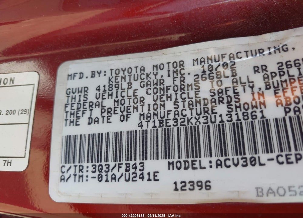 2003 TOYOTA CAMRY LE VIN: 4T1BE32KX3U131861