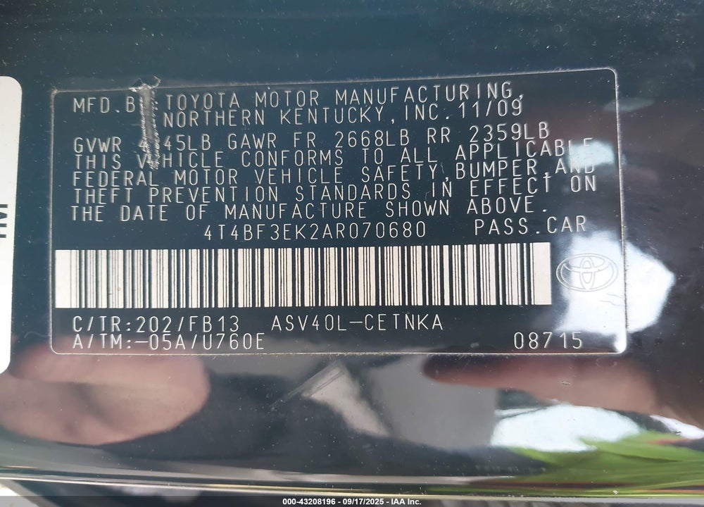2010 TOYOTA CAMRY VIN: 4T4BF3EK2AR070680