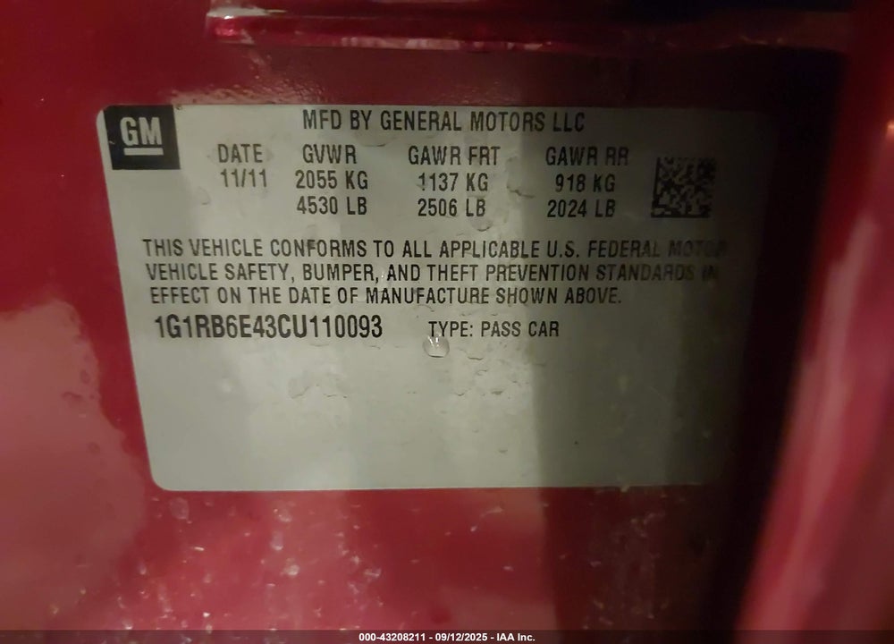 2012 CHEVROLET VOLT VIN: 1G1RB6E43CU110093