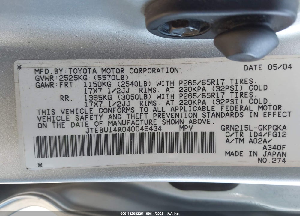 2004 TOYOTA 4RUNNER SR5 V6 VIN: JTEBU14R040048434