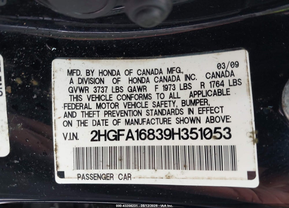 2009 HONDA CIVIC EX VIN: 2HGFA16839H351053
