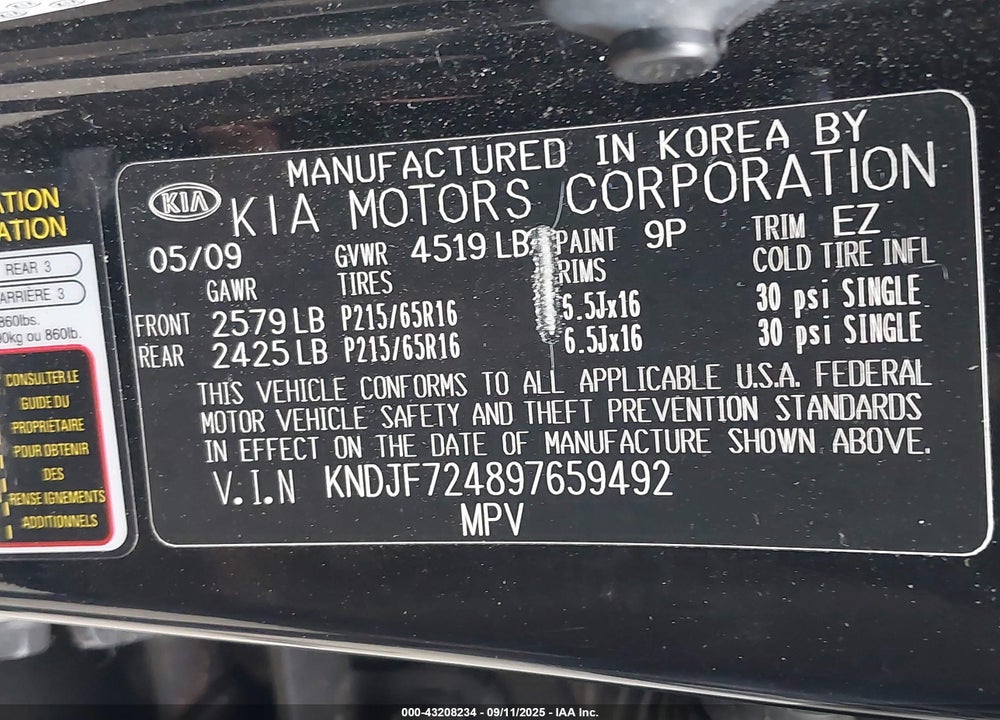 2009 KIA SPORTAGE VIN: KNDJF724897659492