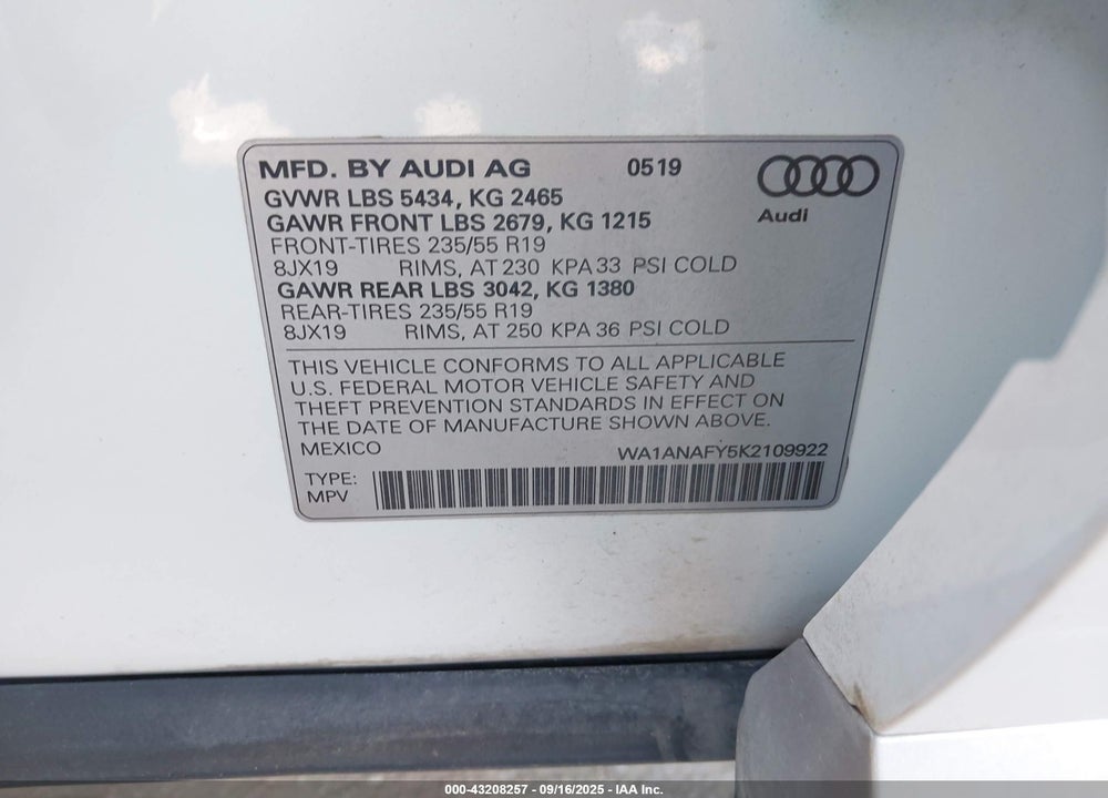 2019 AUDI Q5 45 PREMIUM VIN: WA1ANAFY5K2109922