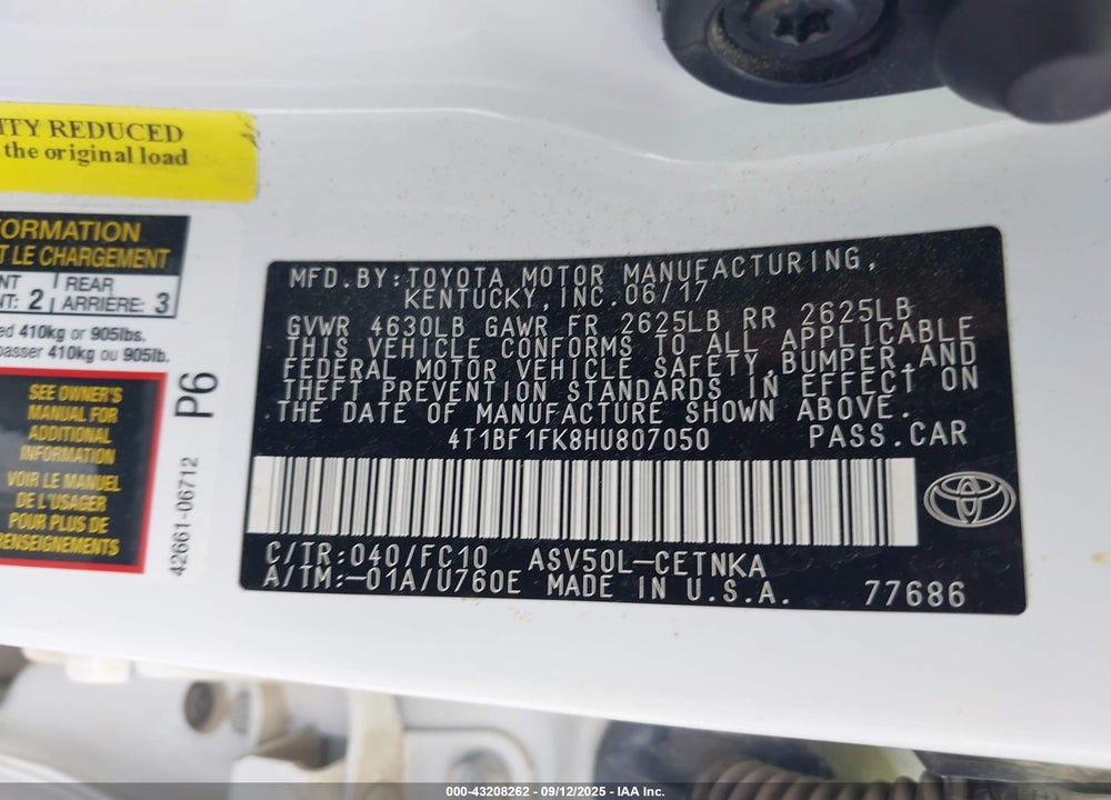 2017 TOYOTA CAMRY VIN: 4T1BF1FK8HU807050
