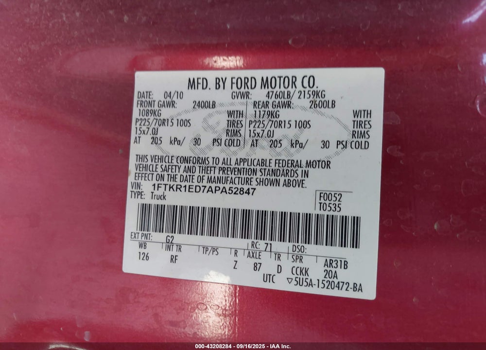 2010 FORD RANGER VIN: 1FTKR1ED7APA52847