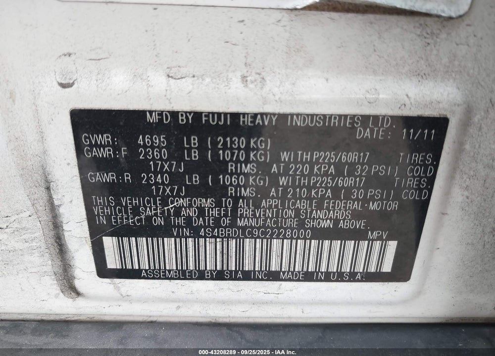 2012 SUBARU OUTBACK 3.6R LIMITED VIN: 4S4BRDLC9C2228000