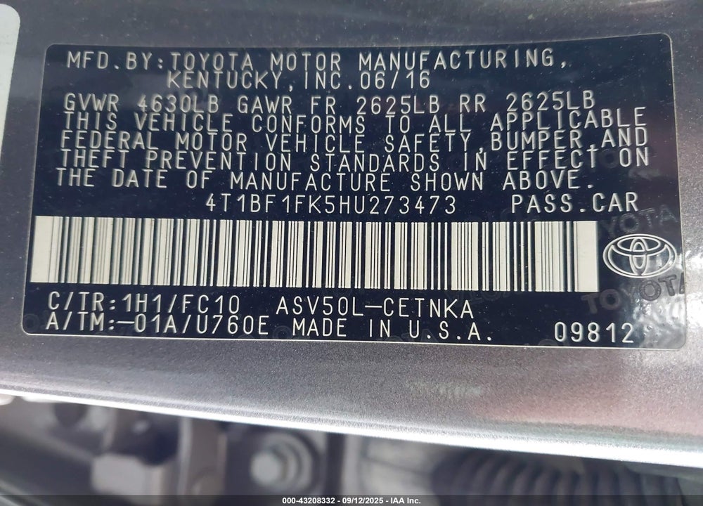 2017 TOYOTA CAMRY VIN: 4T1BF1FK5HU273473