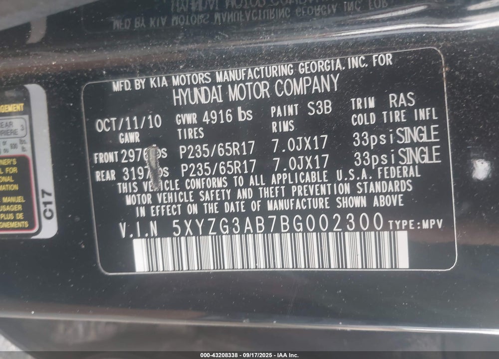 2011 HYUNDAI SANTA FE GLS VIN: 5XYZG3AB7BG002300