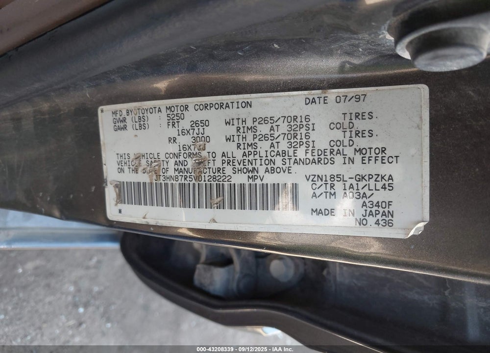 1997 TOYOTA 4RUNNER VIN: JT3HN87R5V0128222