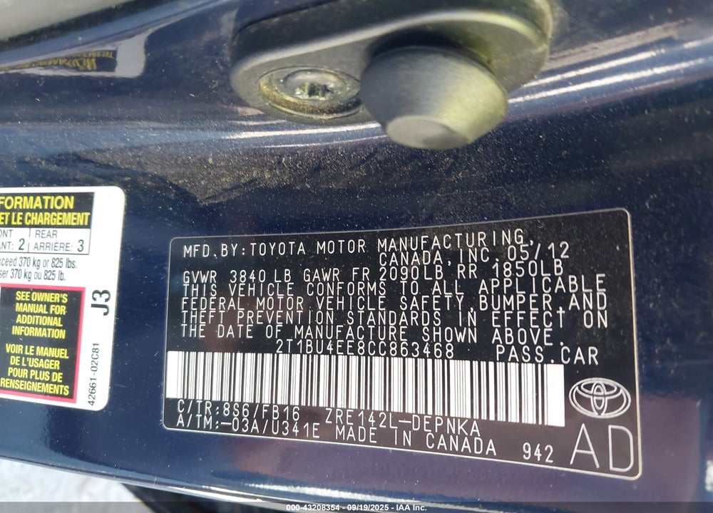 2012 TOYOTA COROLLA VIN: 2T1BU4EE8CC863468