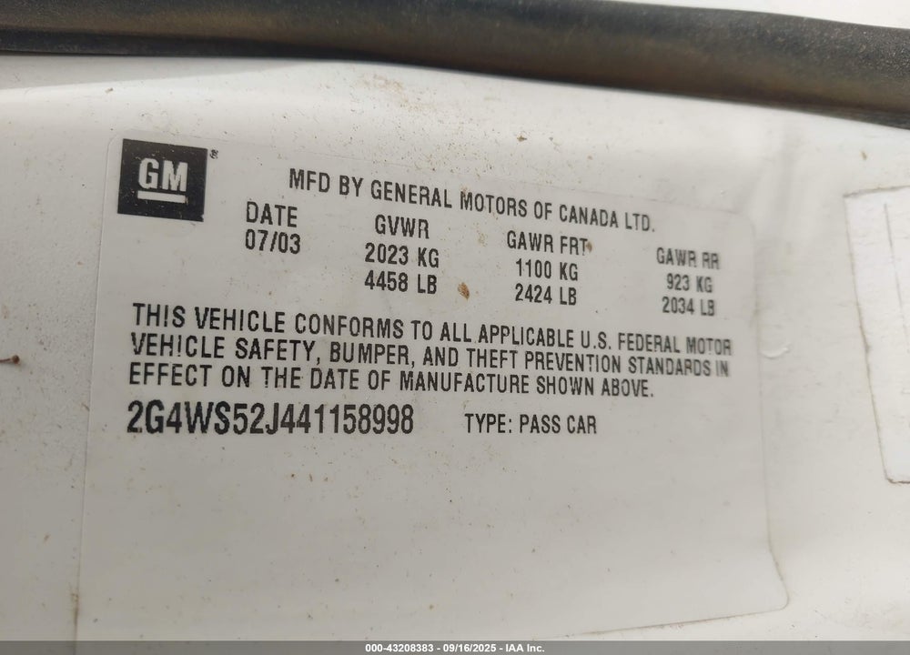 2004 BUICK CENTURY VIN: 2G4WS52J441158998