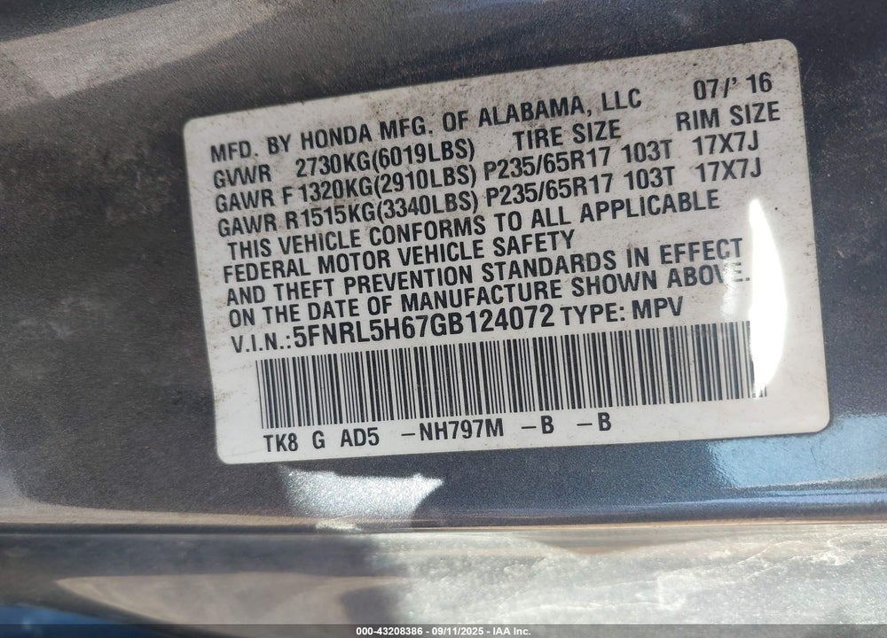 2016 HONDA ODYSSEY EX-L VIN: 5FNRL5H67GB124072
