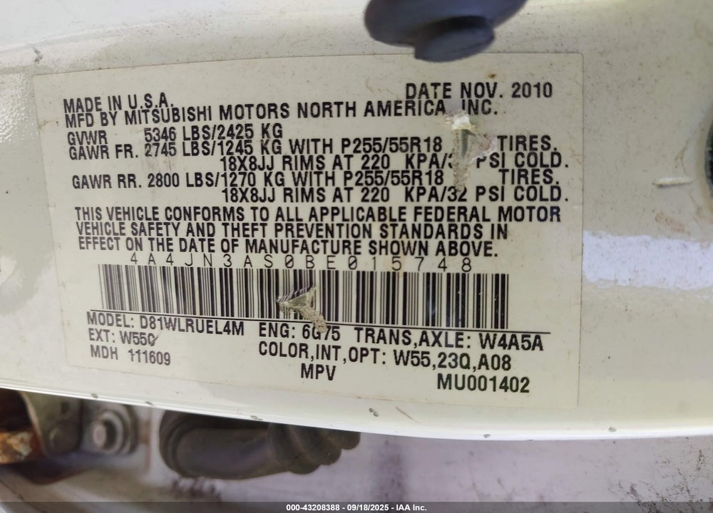 2011 MITSUBISHI ENDEAVOR VIN: 4A4JN3AS0BE015748