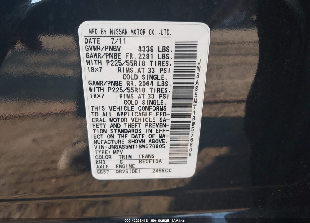 2011 NISSAN ROGUE VIN: JN8AS5MT1BW576605