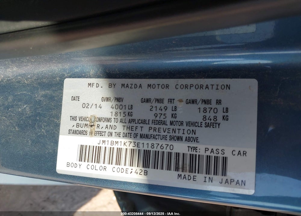 2014 MAZDA 3 VIN: JM1BM1K73E1187670