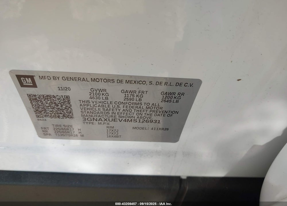 2021 CHEVROLET EQUINOX VIN: 3GNAXUEV4MS126931
