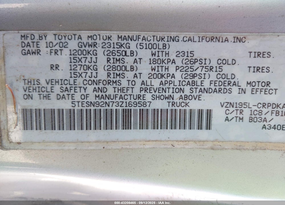 2003 TOYOTA TACOMA PRERUNNER V6 VIN: 5TESN92N73Z169587