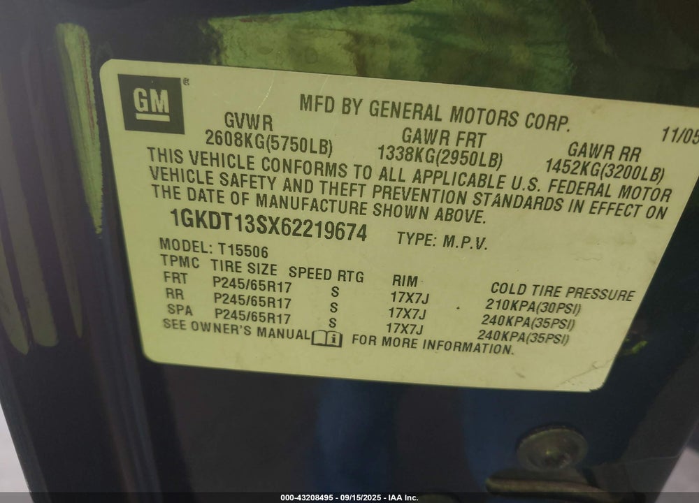 2006 GMC ENVOY SLT VIN: 1GKDT13SX62219674