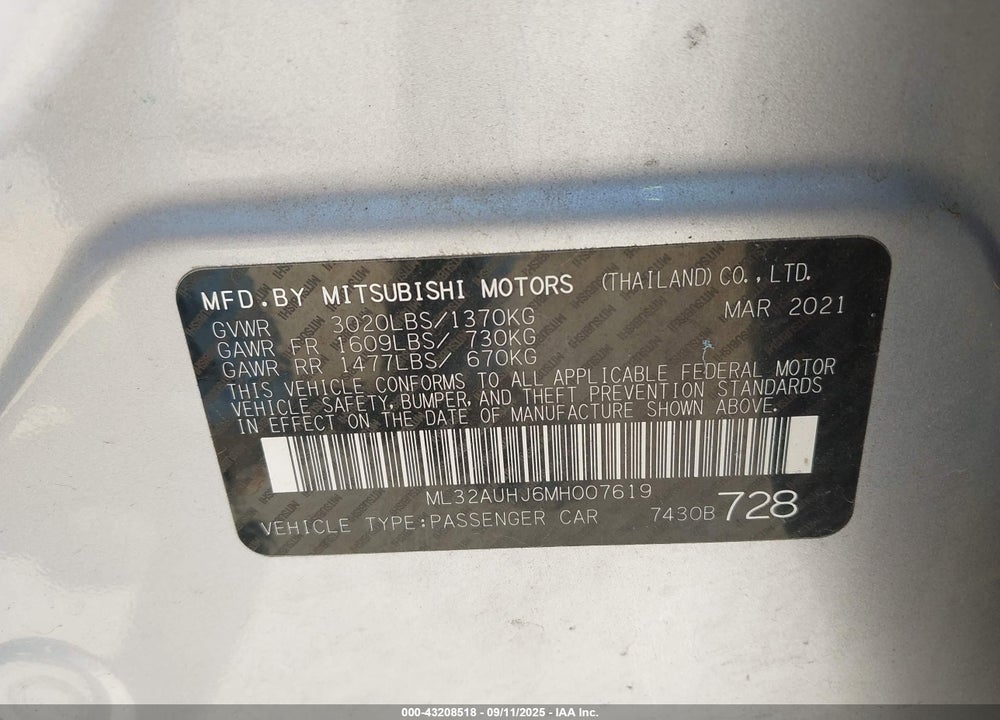 2021 MITSUBISHI MIRAGE CARBONITE EDITION/ES/LE VIN: ML32AUHJ6MH007619