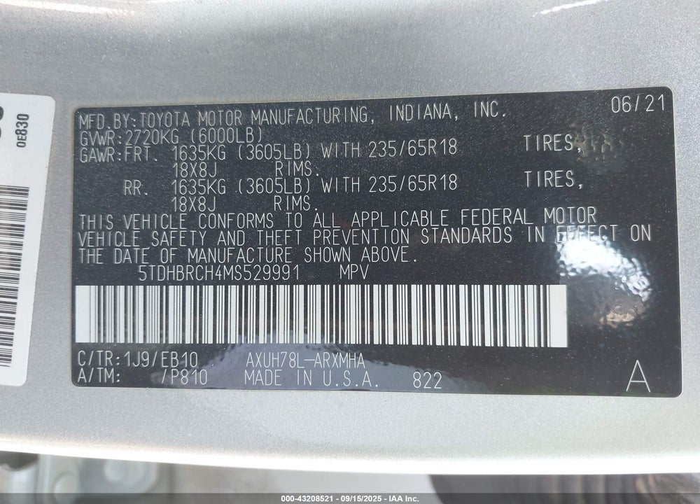 2021 TOYOTA HIGHLANDER VIN: 5TDHBRCH4MS529991