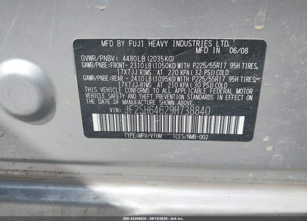 2009 SUBARU FORESTER 2.5X LIMITED VIN: JF2SH64629H738840