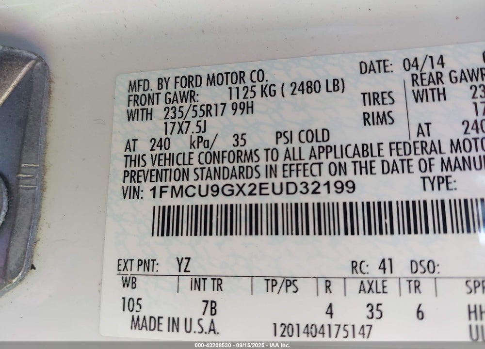 2014 FORD ESCAPE SE VIN: 1FMCU9GX2EUD32199