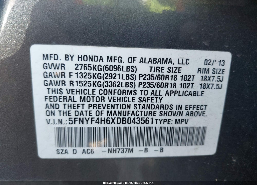 2013 HONDA PILOT VIN: 5FNYF4H6XDB043561