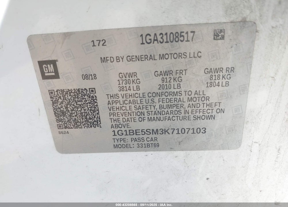 2019 CHEVROLET CRUZE LT VIN: 1G1BE5SM3K7107103